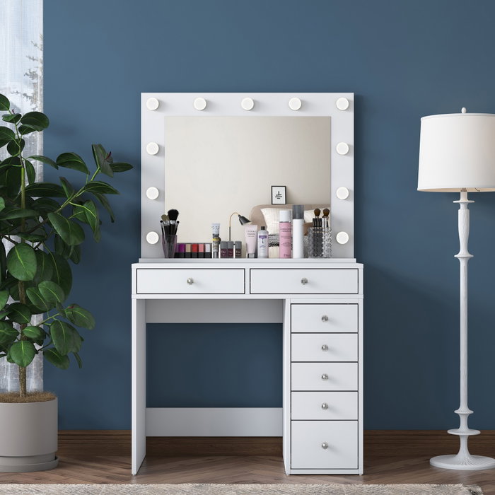 Hanah Home Mesa de Maquillaje Blanca con 11 Bombillas Hanah Home Mesa de Maquillaje Blanca con 11 Bombillas